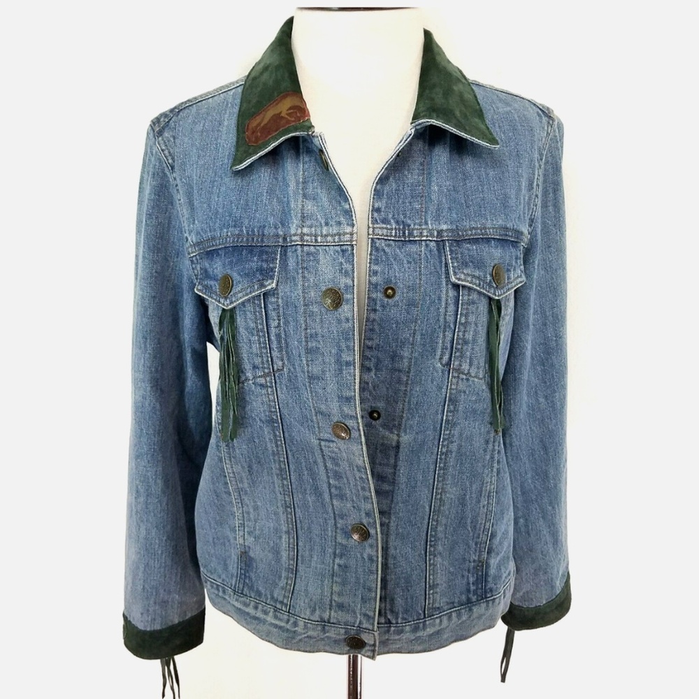 Santa Fe Re-Creations Denim LARGE Jacket Suede Animals Motif Southwestern Fringe